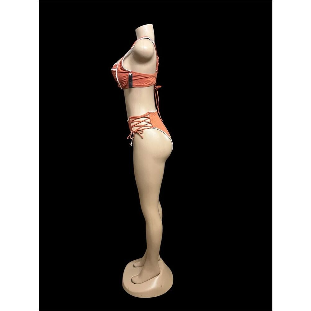 Victoria Secret Rust Orange High-Waist Lace-Up Bikini Set 38 B Top/Medium Bottom - Picture 4 of 7
